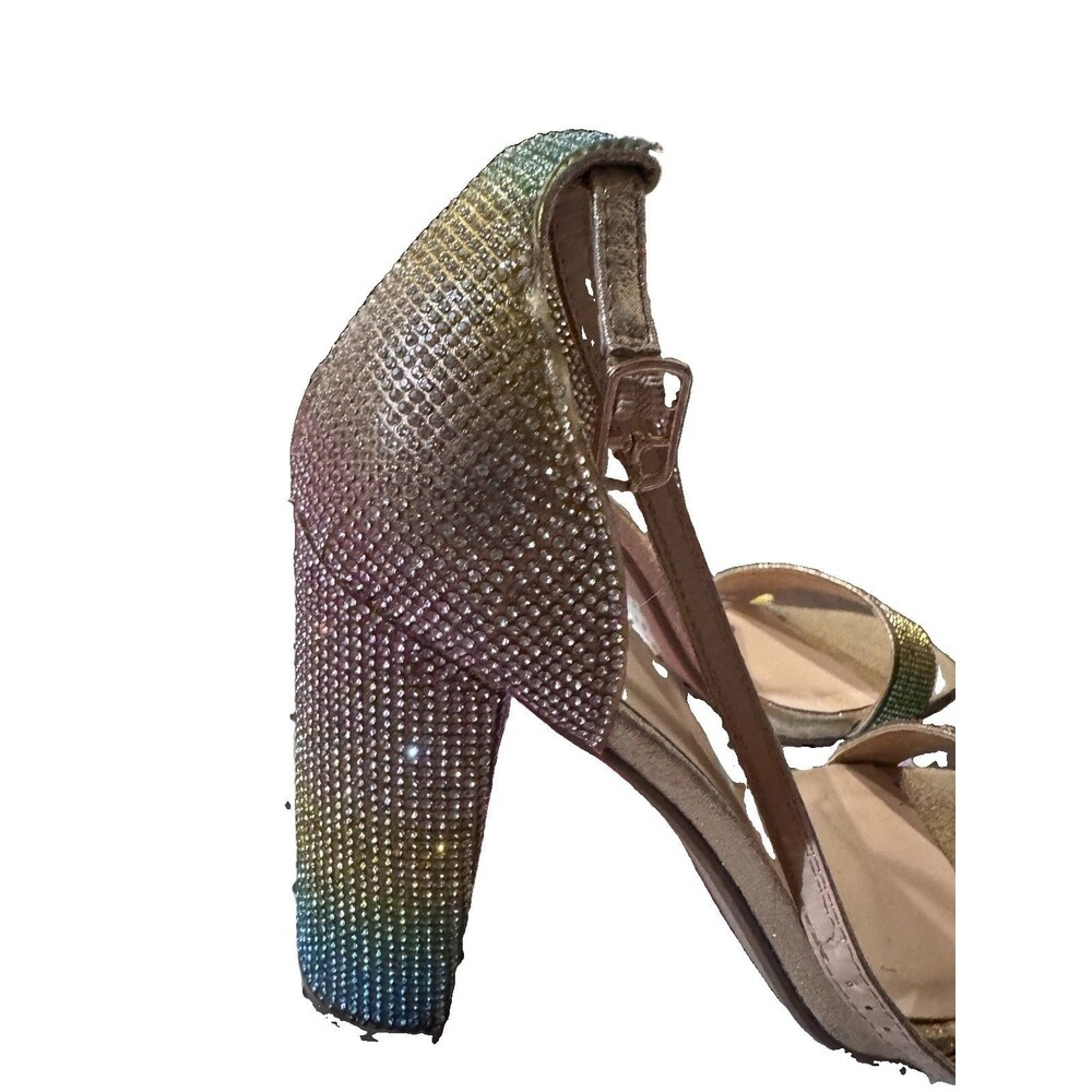 Delicious Multicolor Gold Rhinestone Strappy Ankle Strap Block Heels US 10 - Picture 7 of 12